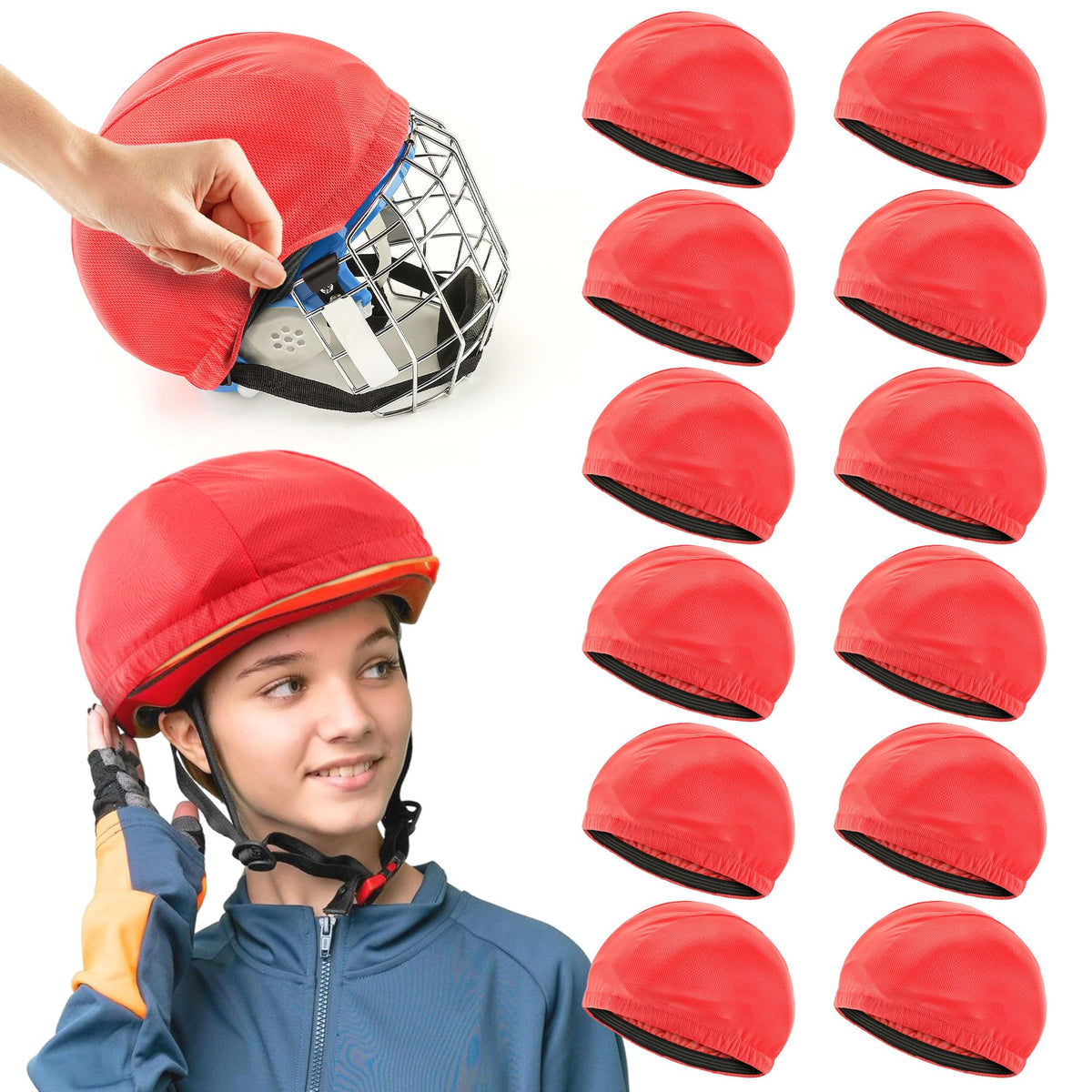 EcoBrisa front view red helmet cover showing bright visibility benefit