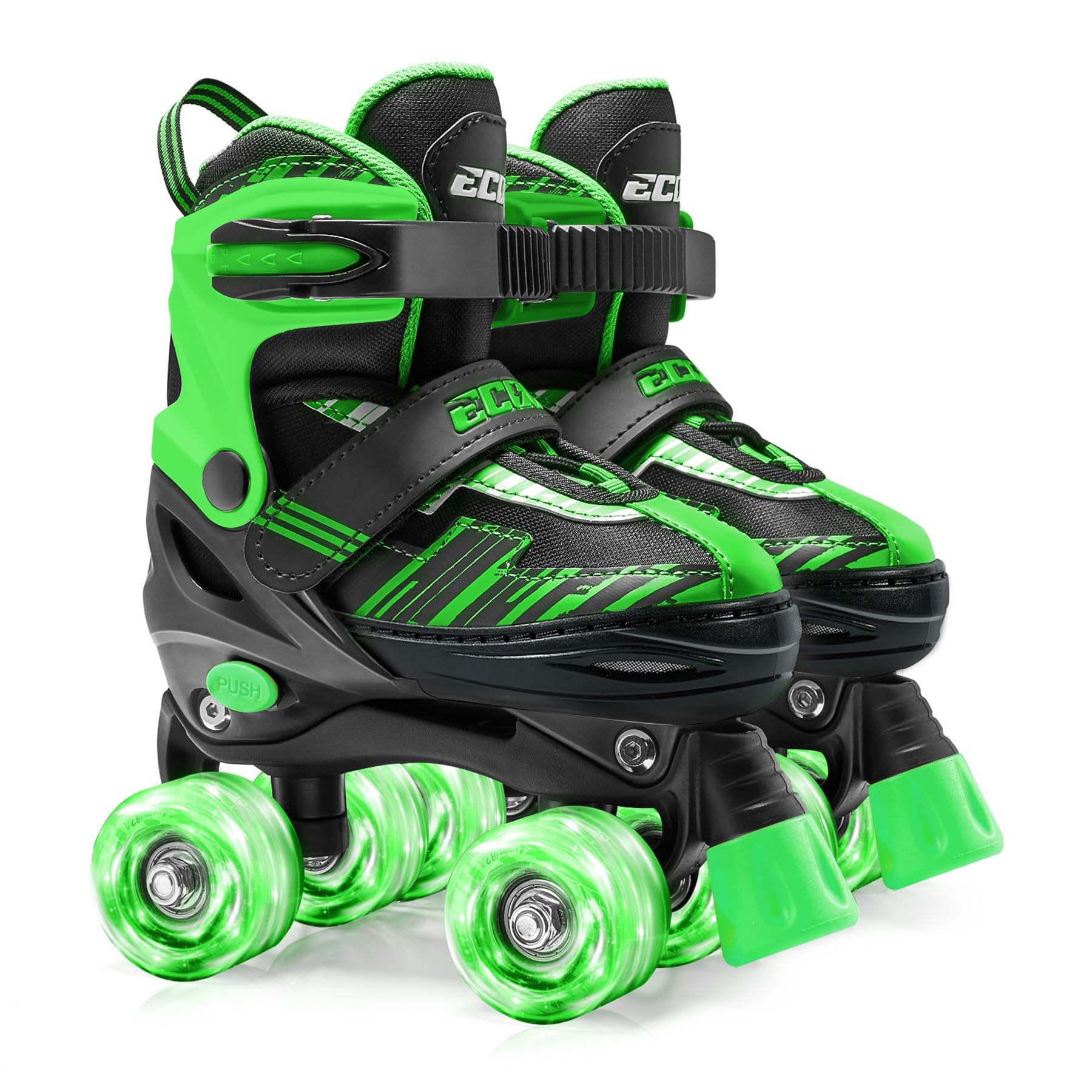 ECOO front view of skates showing fit and secure closures for safer play