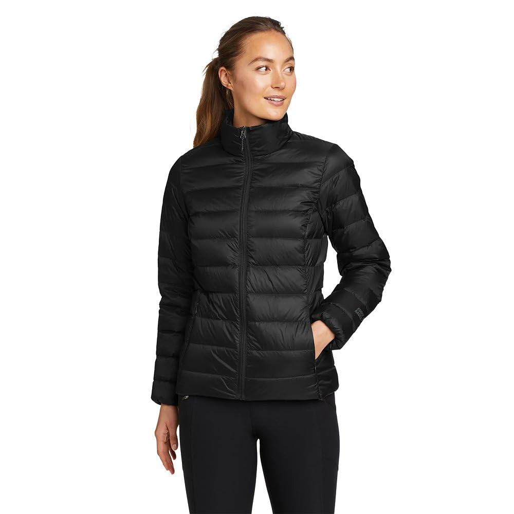 Eddie Bauer jacket front view in black showing fit and silhouette for layering
