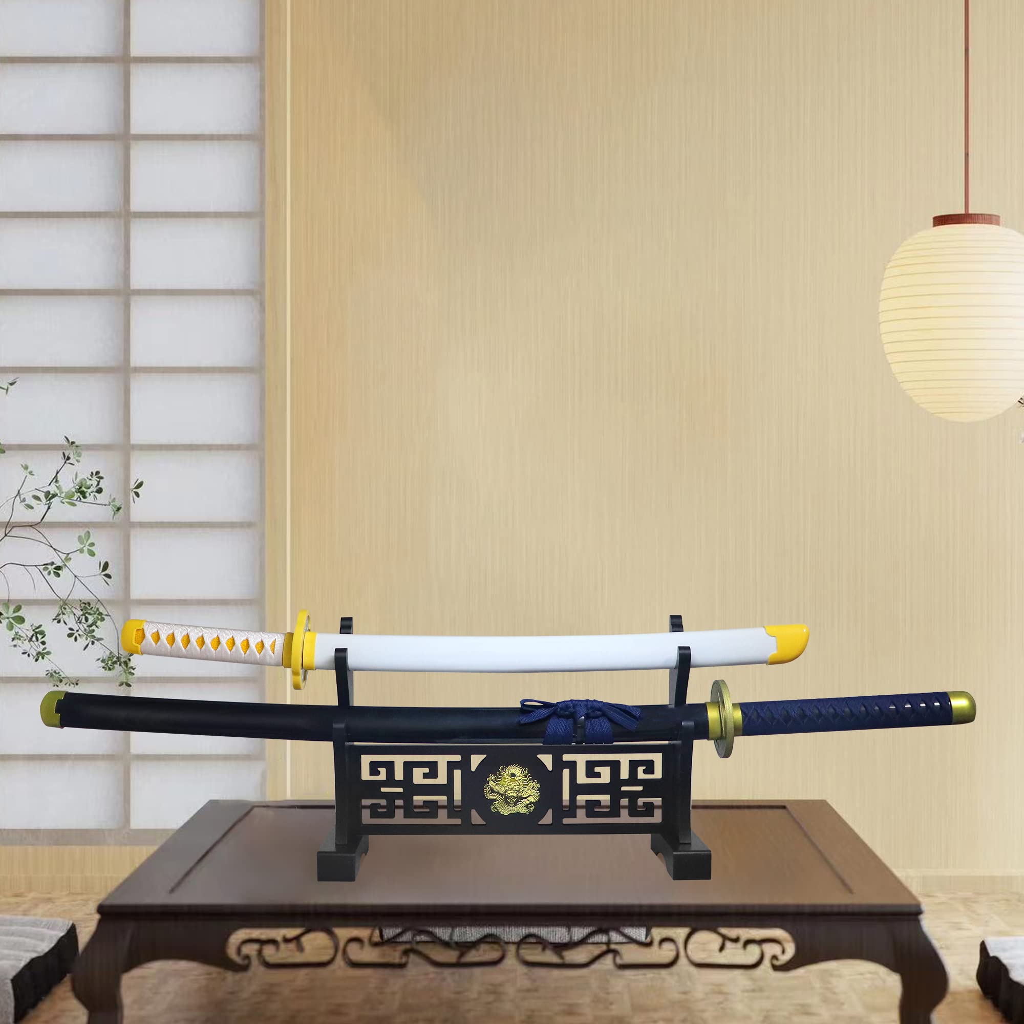 Eforlife stand holding two katanas in a living room setting benefit: showcases blades safely