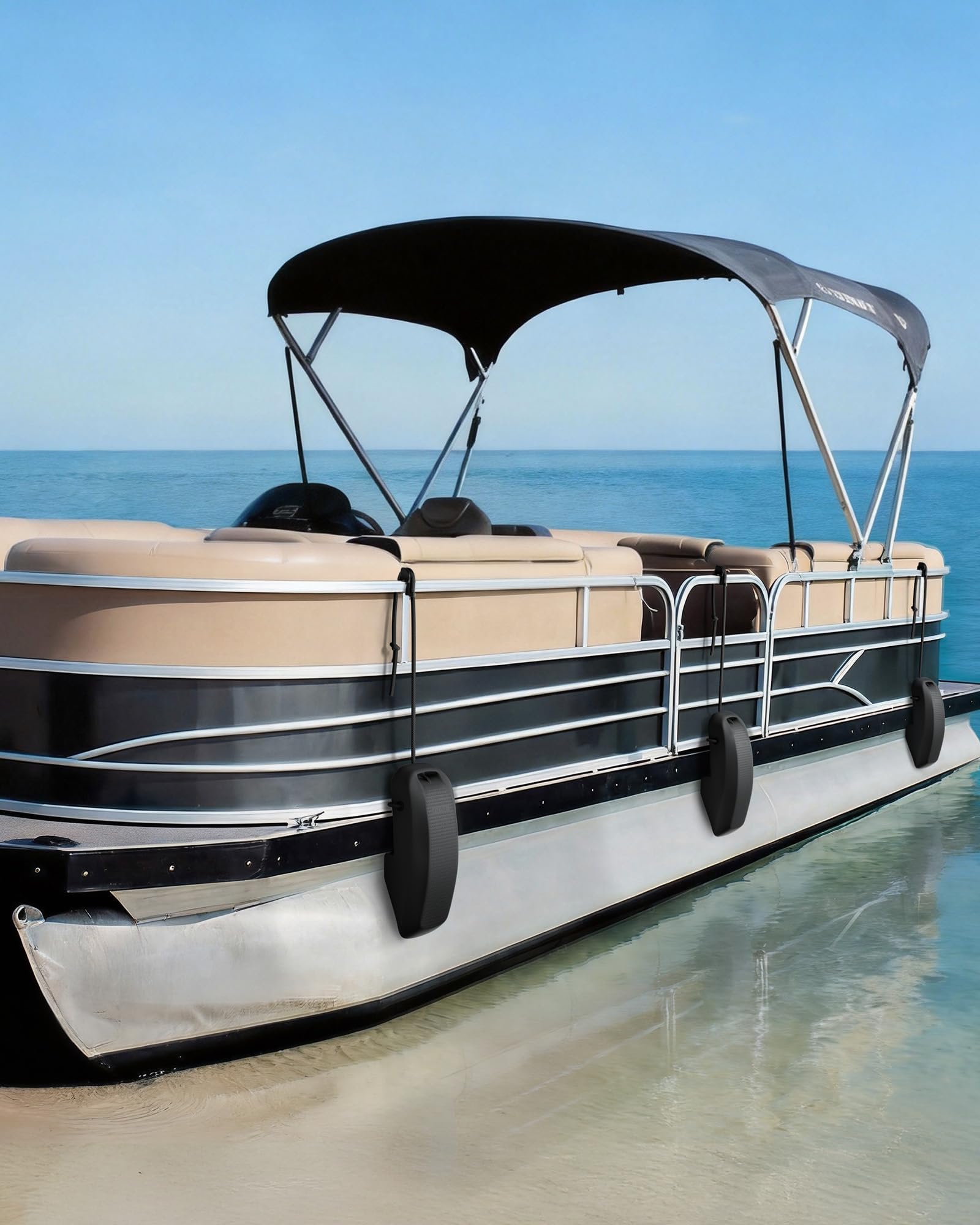 Lifestyle shot of Ehaho fender protecting pontoon at a busy dock