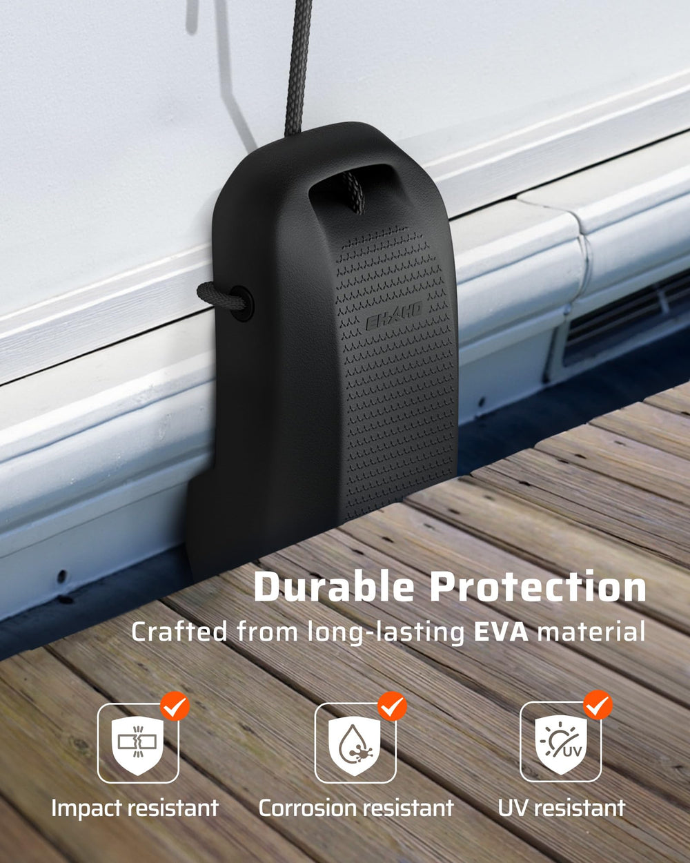 Ehaho fender mounted on a pontoon in use protecting boat side