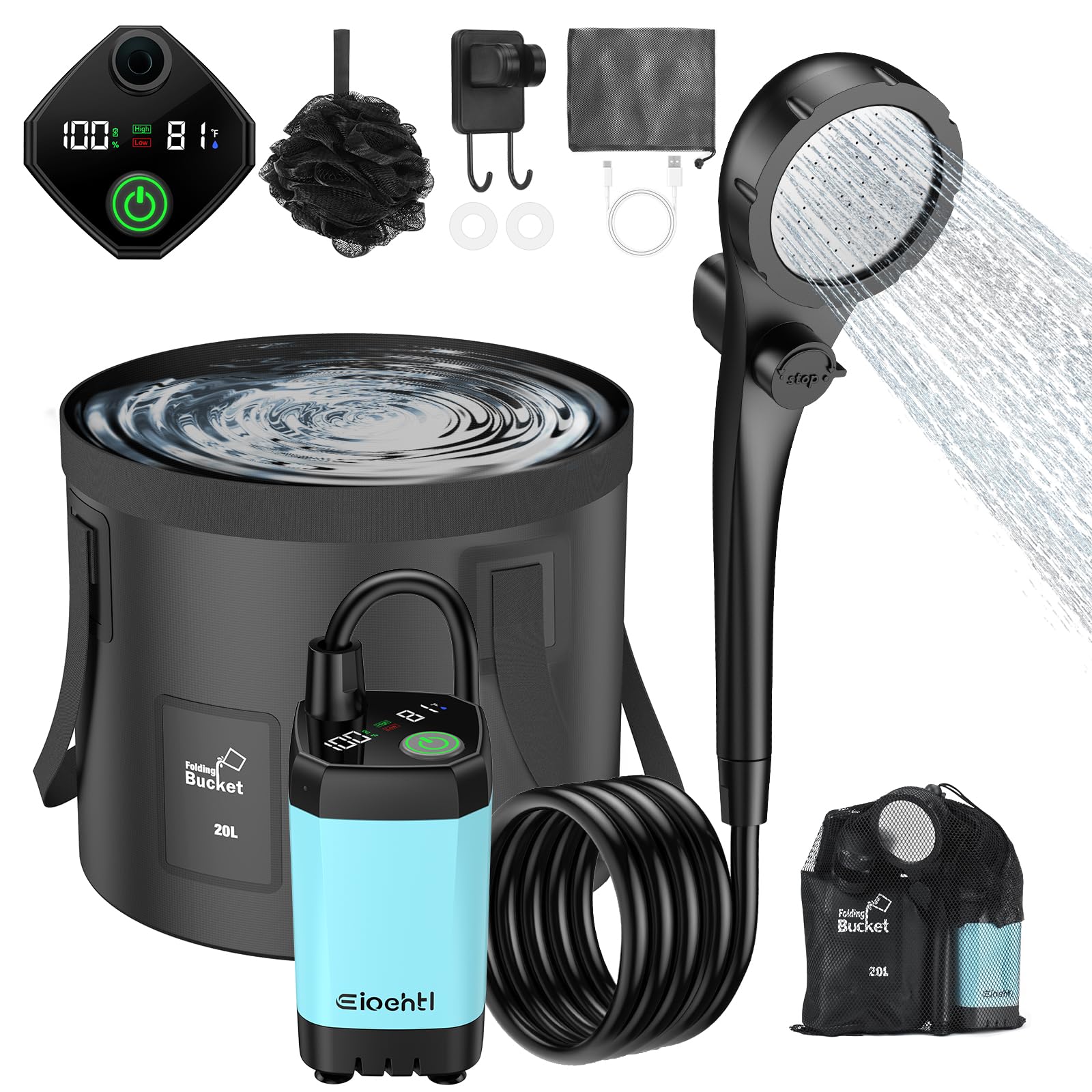 Eioehtl portable shower front view showing pump and bucket, reliable outdoor bathing