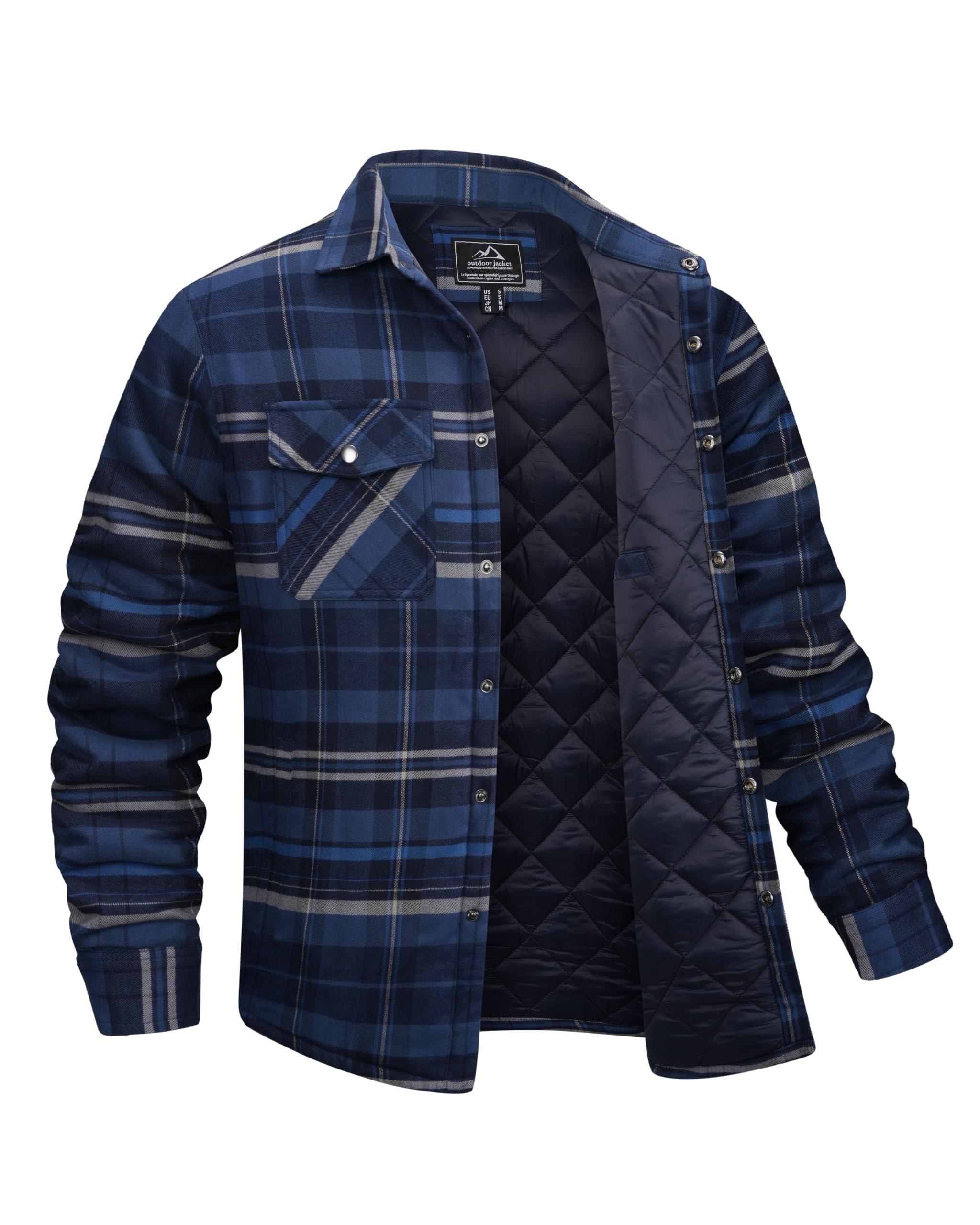 EKLENTSON front view showing bluegrey plaid and structured warmth