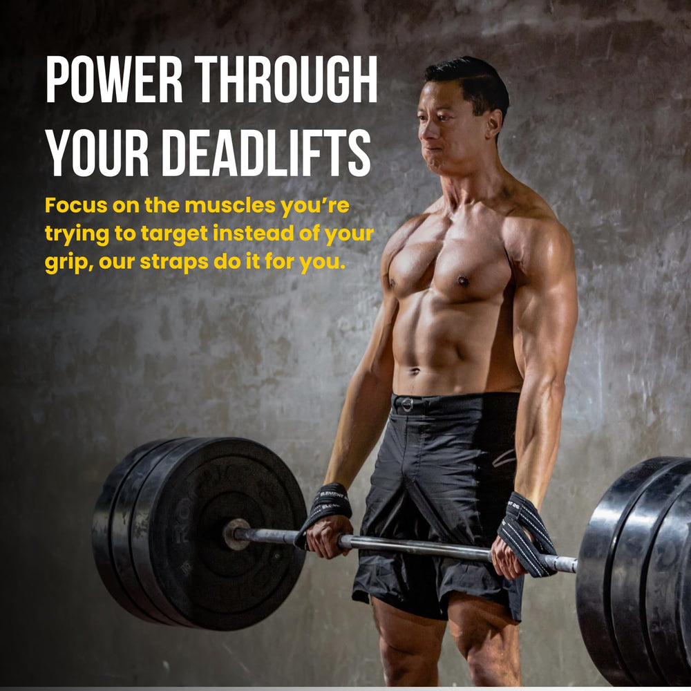 Element 26 straps looped on a barbell during a deadlift demonstrating secure locked-in grip