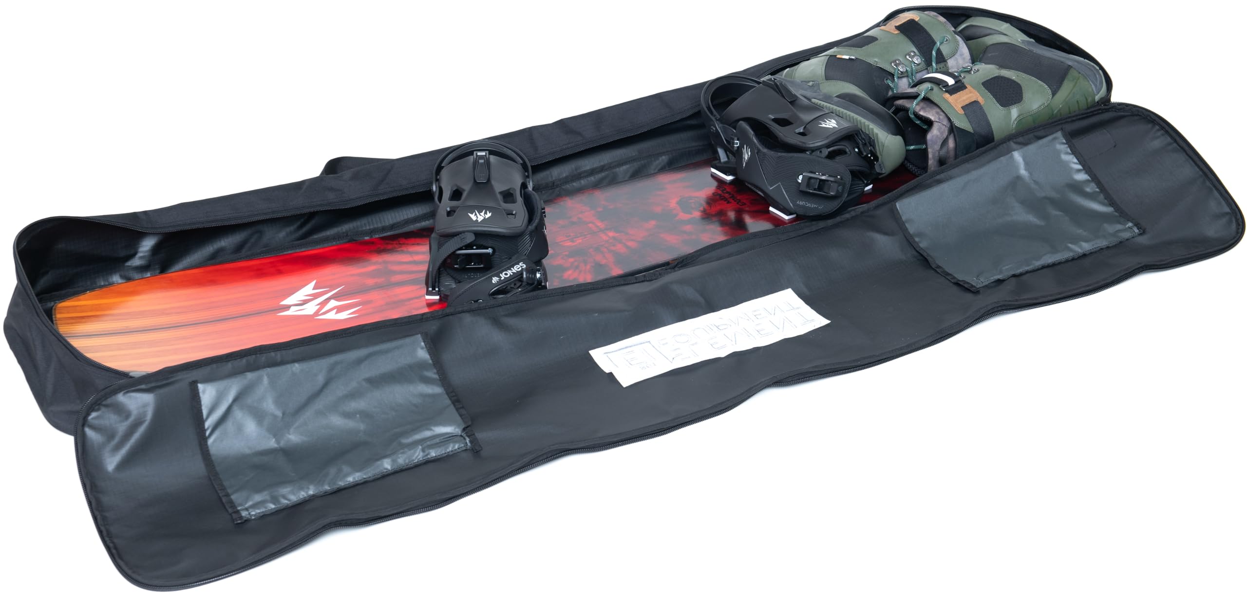 Element Equipment open bag with snowboard inside, organized and protected during transport