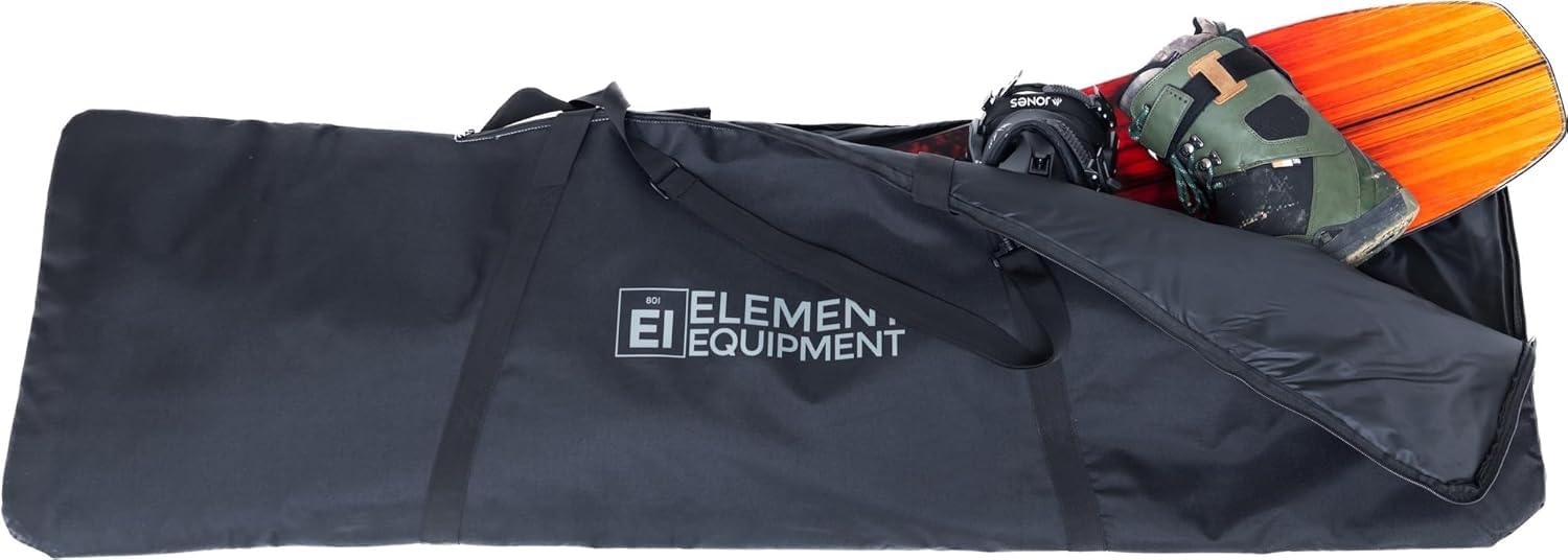 Element Equipment size comparison with a snowboard to show fit up to 165 cm