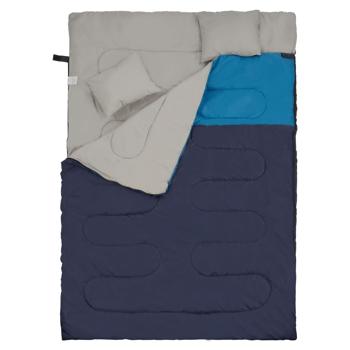 Elevon front view of navy double sleeping bag showing full size and fit for two sleepers