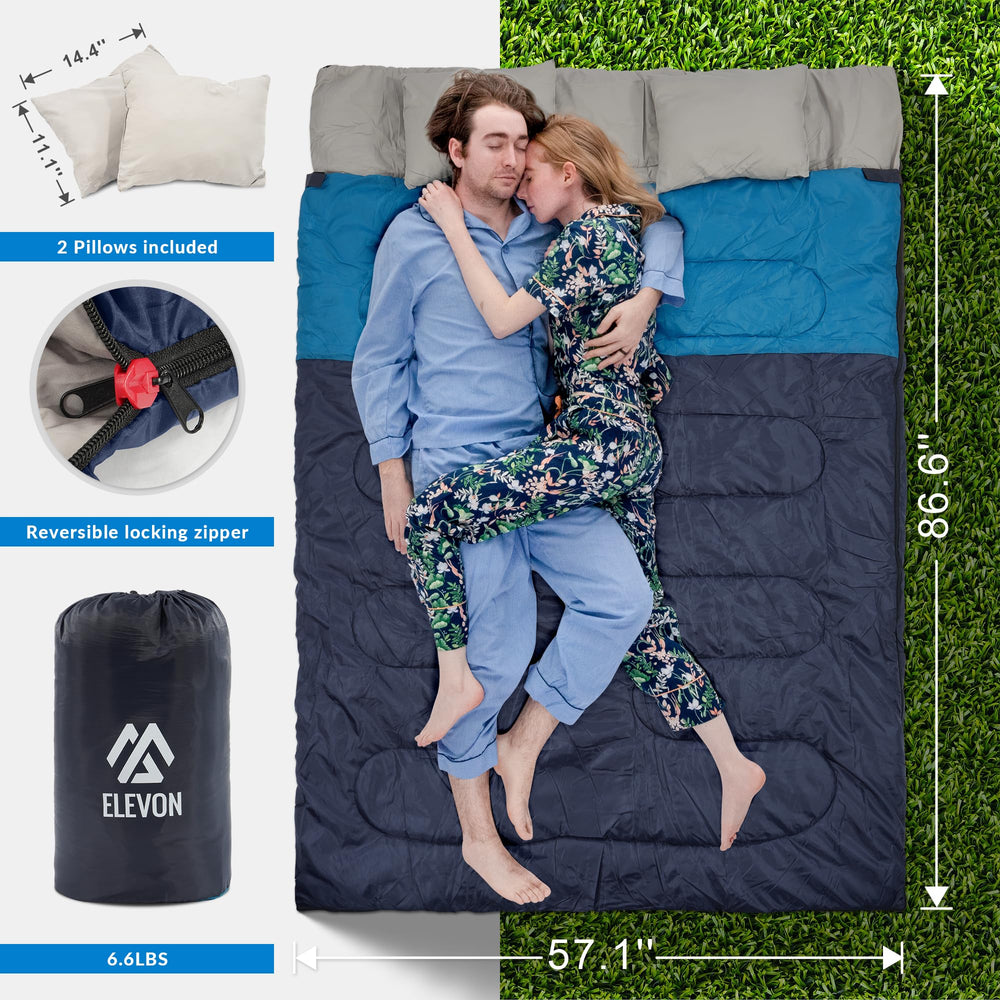 Elevon two pillows set inside the open double sleeping bag for instant comfort