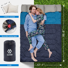 Elevon two pillows set inside the open double sleeping bag for instant comfort