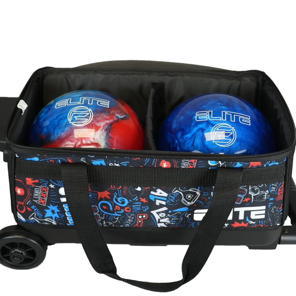ELITE bag next to bowling shoes to show scale and capacity for shoes and gear