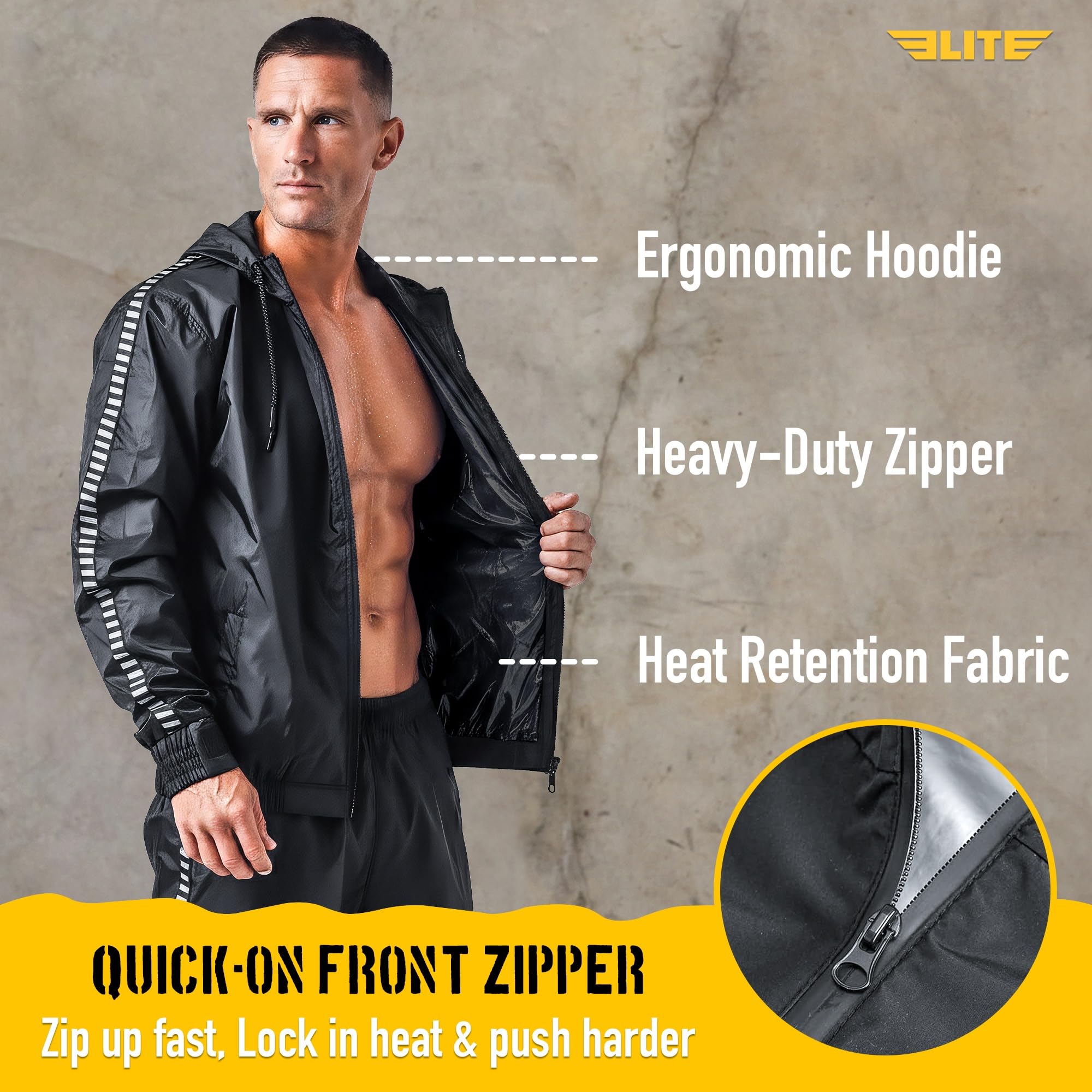Elite Sports hood close-up highlighting heat retention and coverage