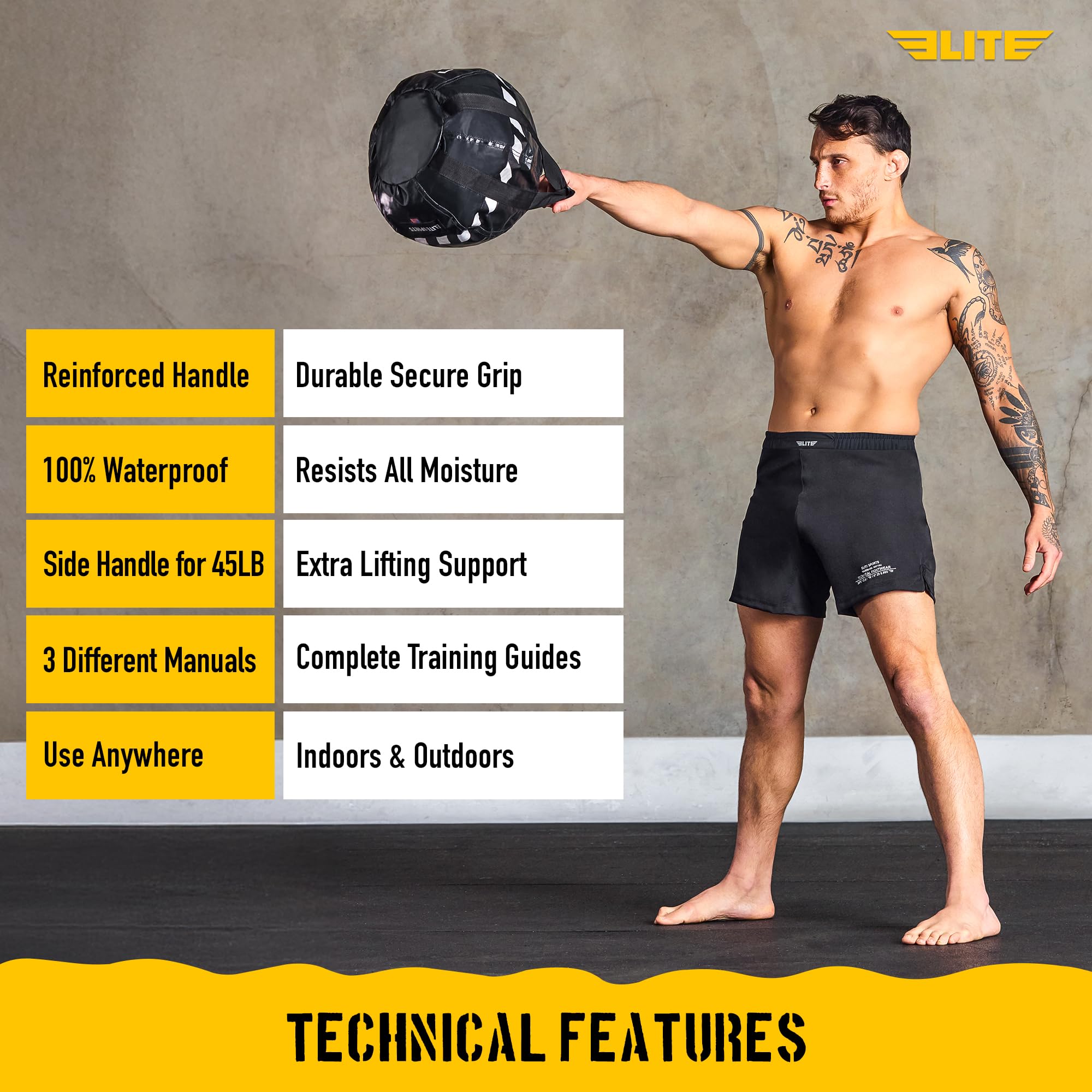 Elite Sports sandbag beside a dumbbell for scale showing compact adjustable weight option