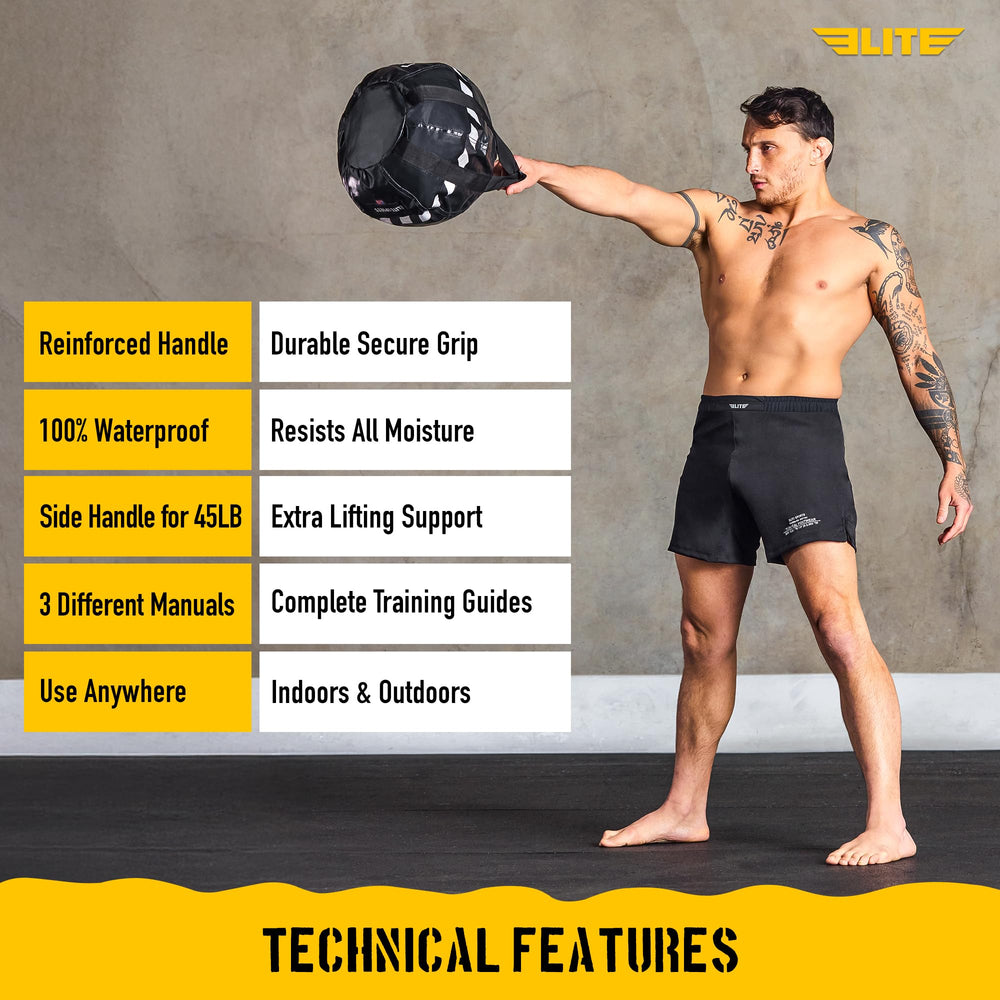 Elite Sports sandbag beside a dumbbell for scale showing compact adjustable weight option