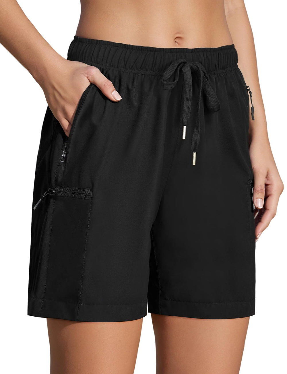 Enaisyl front view of black hiking shorts showing clean silhouette and mobility benefit