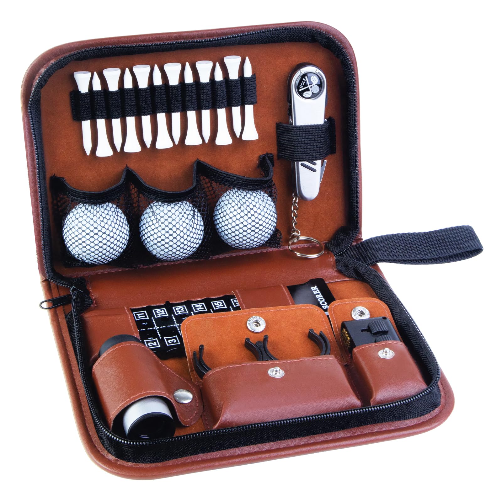 Enaud packed golf kit front view showing organized accessories and case convenience