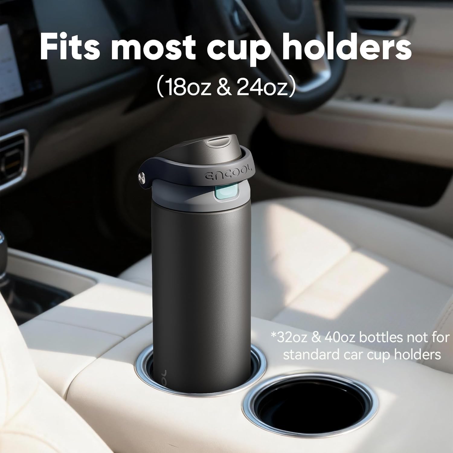 ENCOOL flip-top straw detail for quick sips and hands-free use
