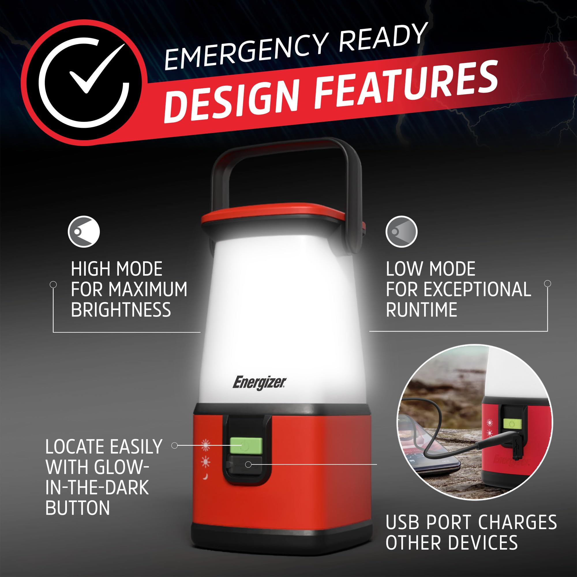Energizer PRO-360 top handle hung from tent hook for hands-free campsite lighting