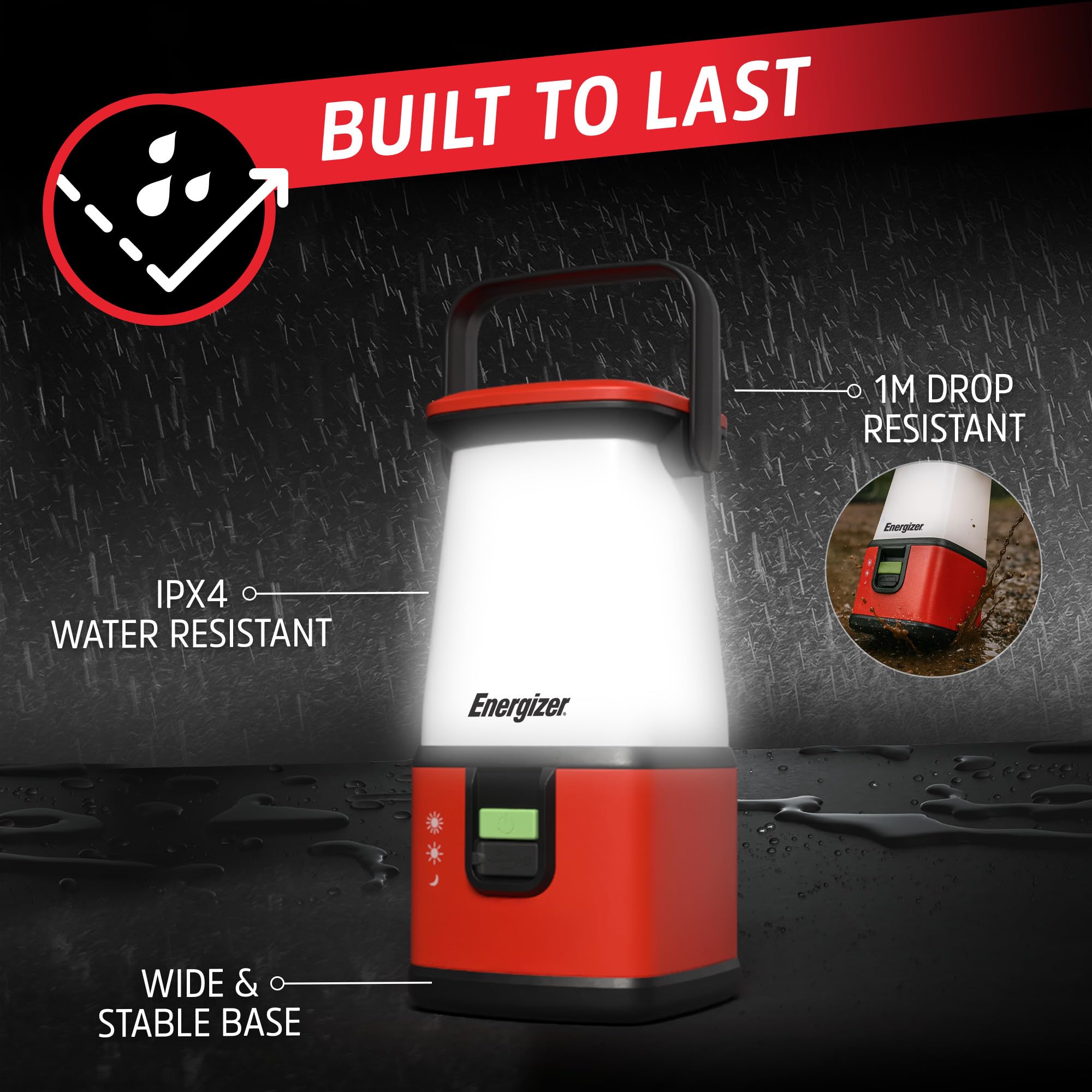 Energizer PRO-360 next to AA and D batteries showing versatile power options for longer use