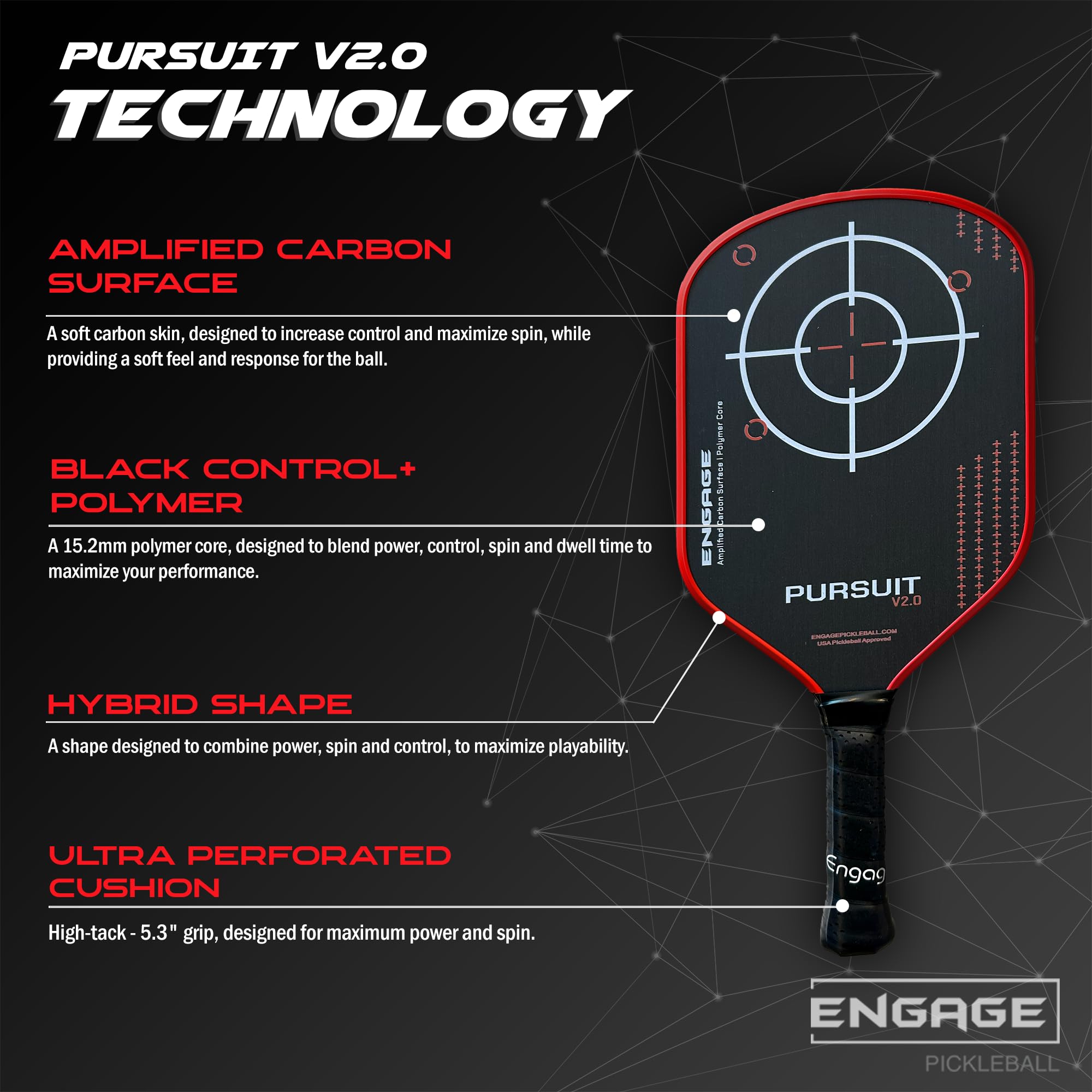 Engage Pursuit V2.0 handle and grip detail showing 5.3 inch grip for comfortable control