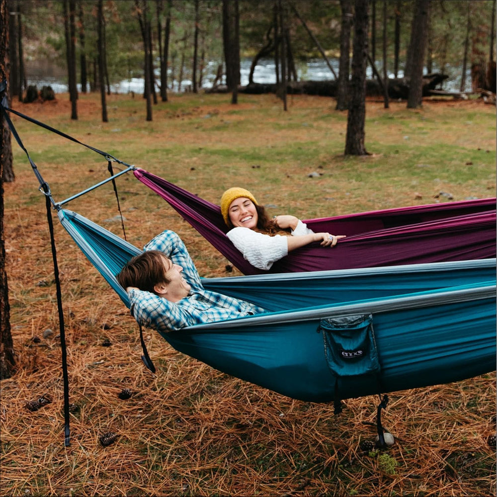 ENO Fuse set up in backyard lifestyle scene showing easy, shared relaxation
