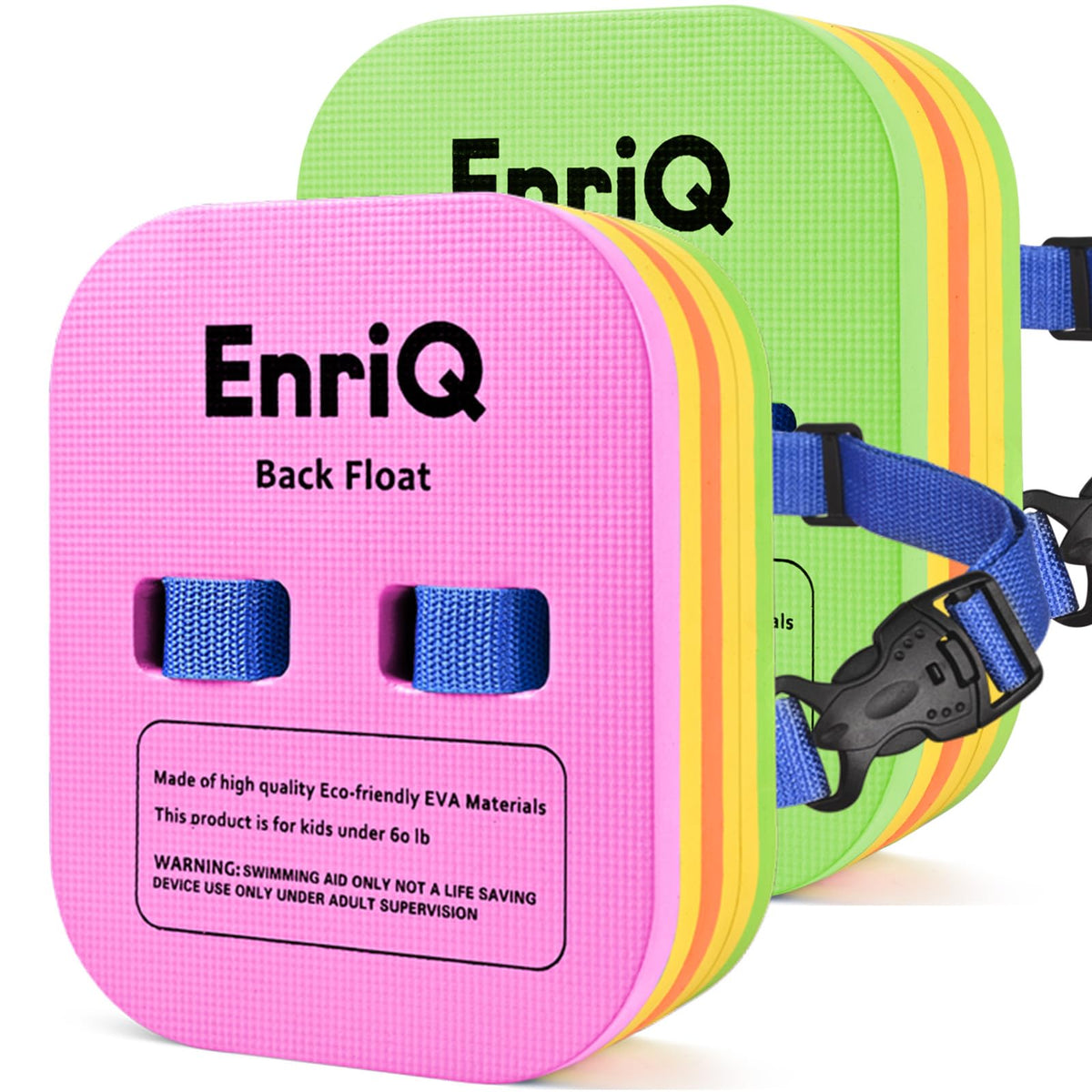 EnriQ front view of back float set showing secure buckle and easy-fit benefit