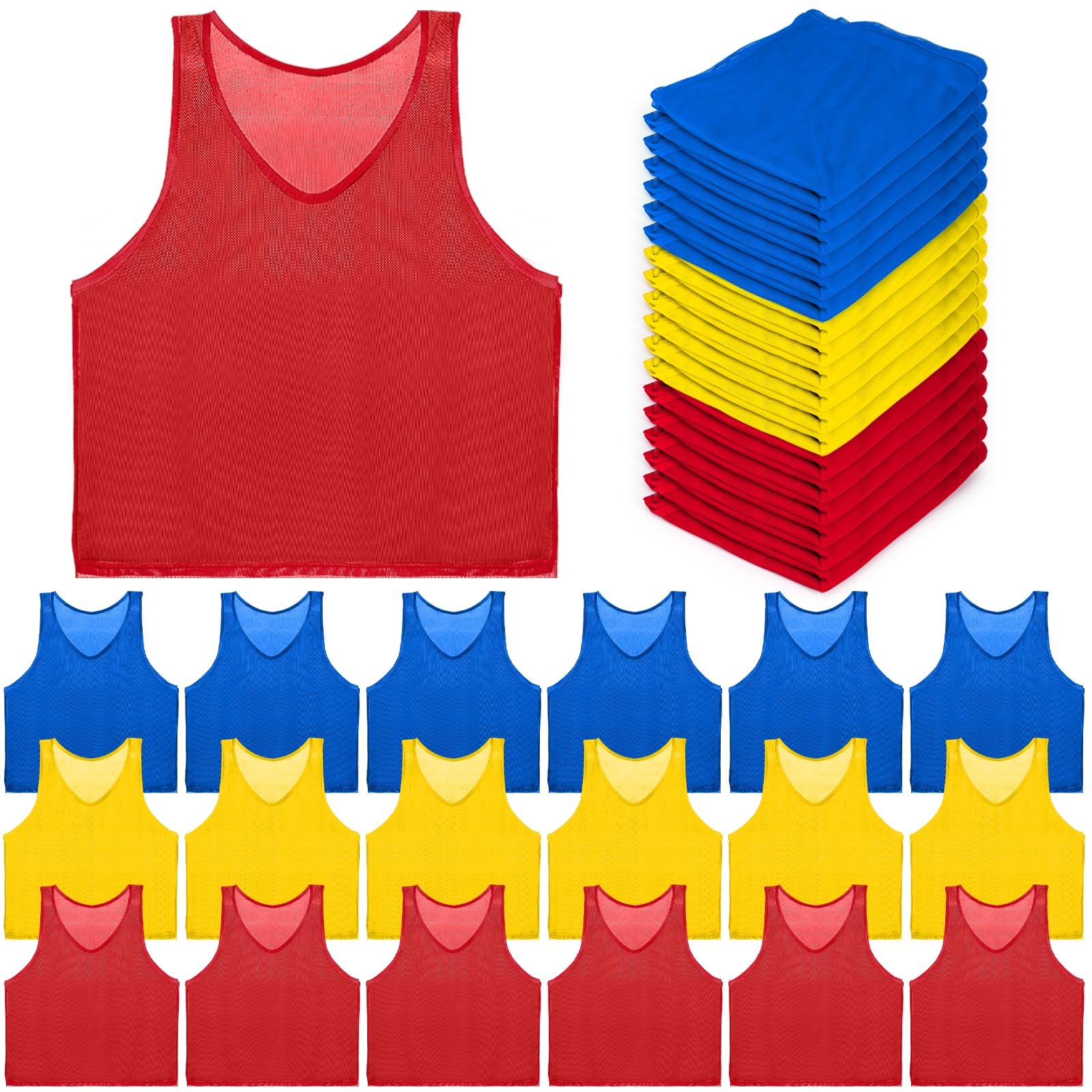 Eorbow front view of pinnies bundle showing vibrant team colors and easy sorting