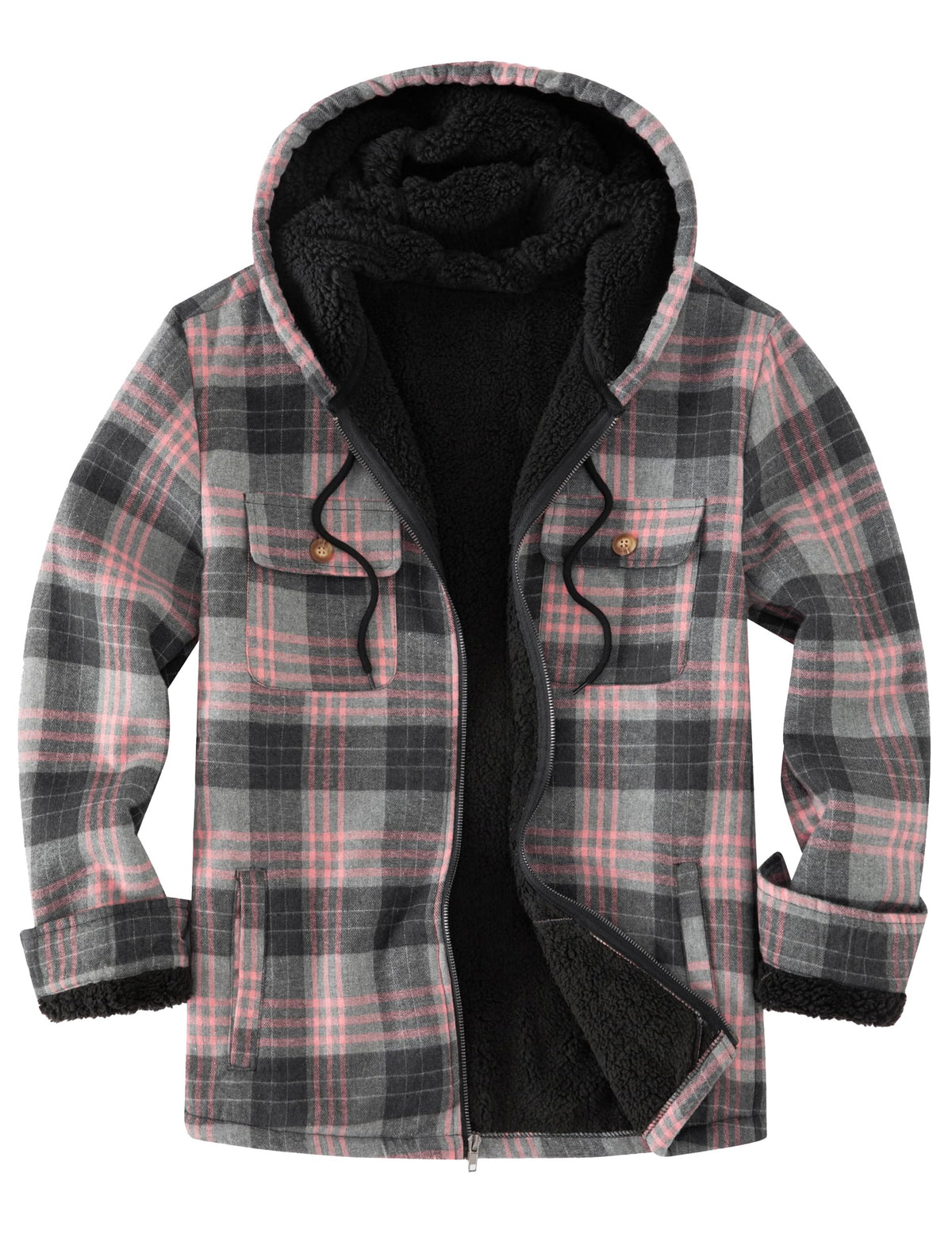 Ephemoca front view hooded plaid jacket showing overall fit and style