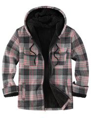 Ephemoca front view hooded plaid jacket showing overall fit and style