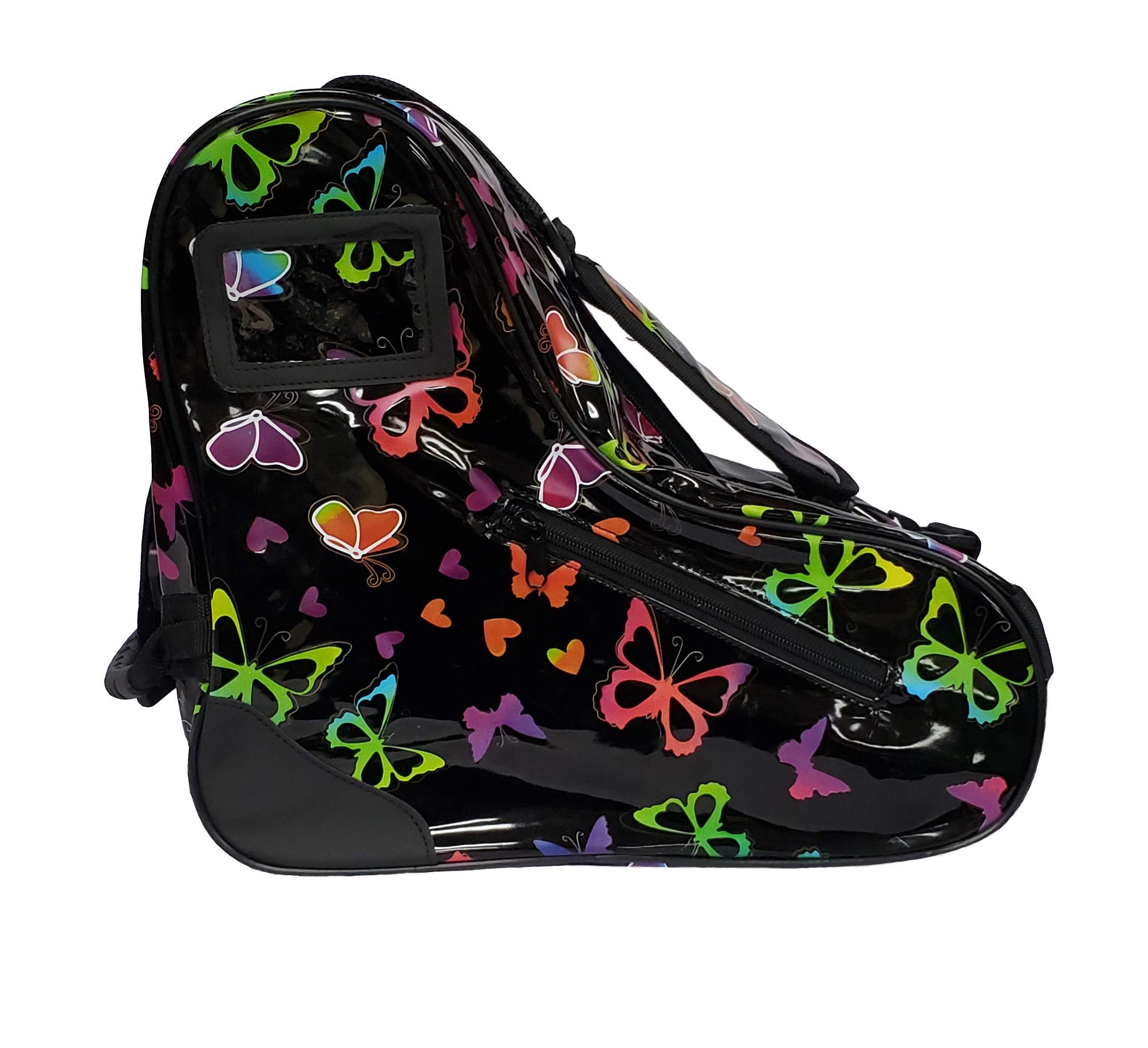 Epic Skates front view of black butterfly skate bag showing glossy finish and shape for protection