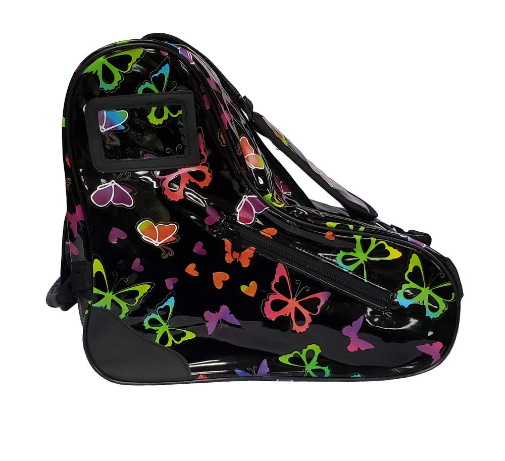 Epic Skates front view of black butterfly skate bag showing glossy finish and shape for protection