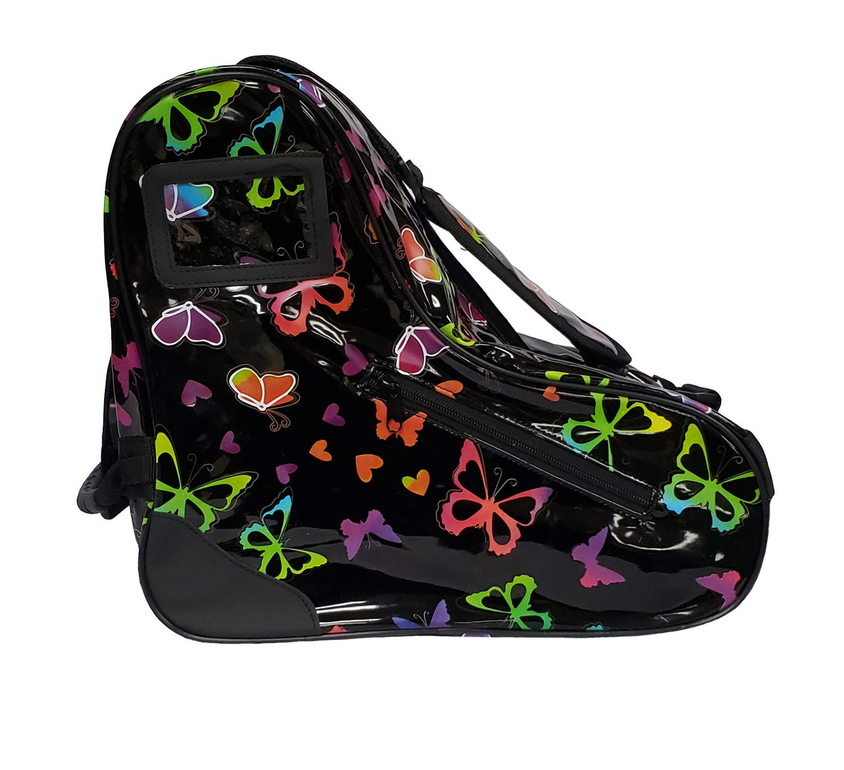 Epic Skates front view of black butterfly skate bag showing glossy finish and shape for protection
