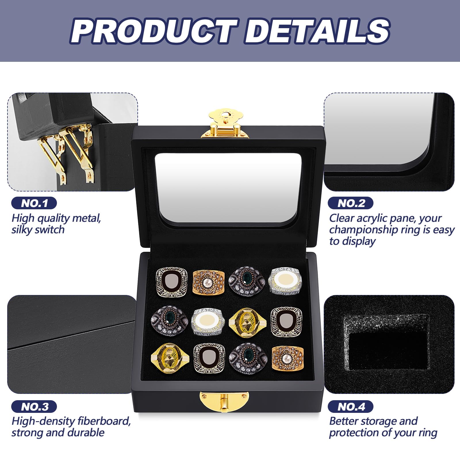 Equsion interior foam slots close-up holding rings securely and preventing scratches