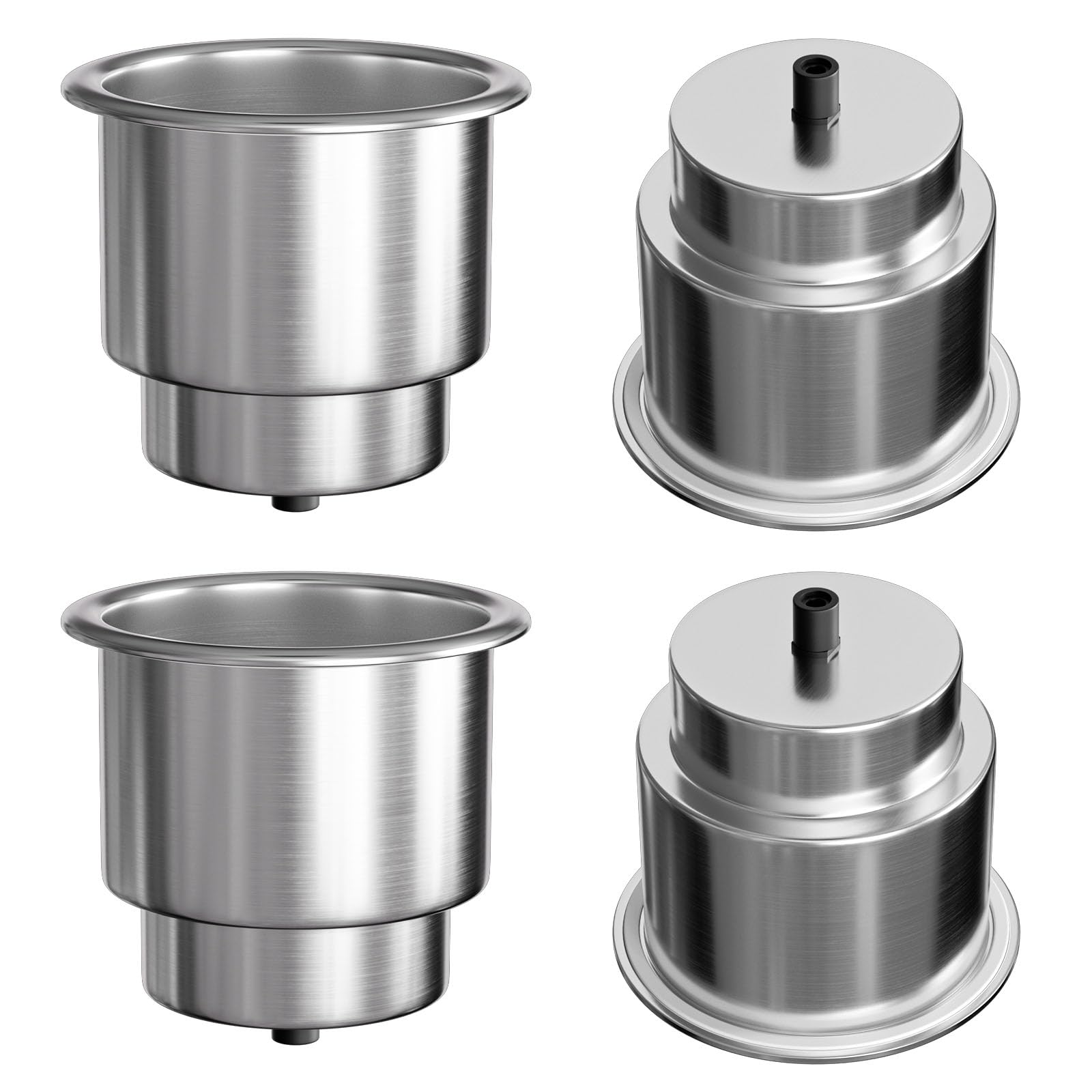 EQUSPUR front view of four stainless cup holders showing polished finish and shape benefit corrosion resistance