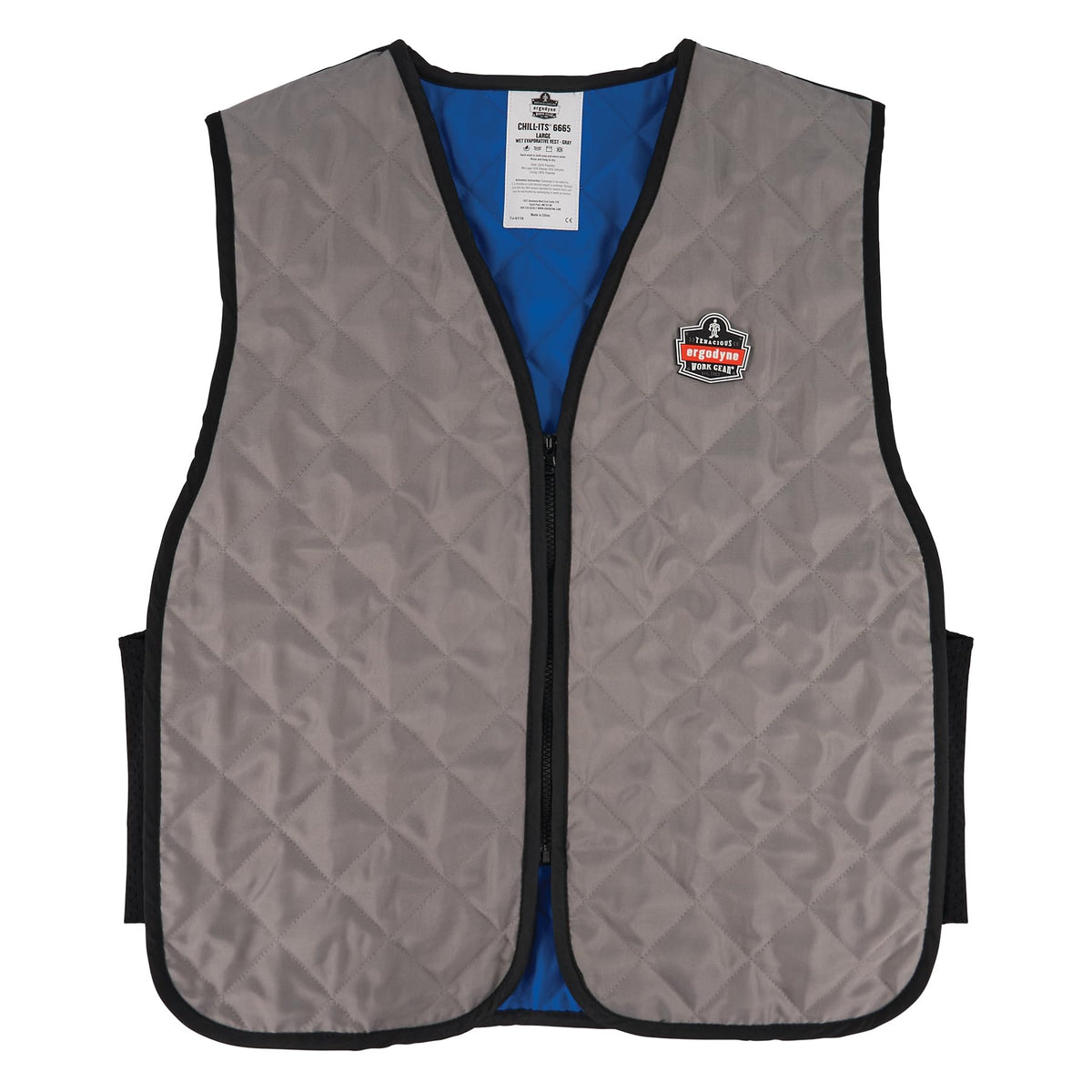 Ergodyne front view gray vest showing full zipper and cooling panels for comfort