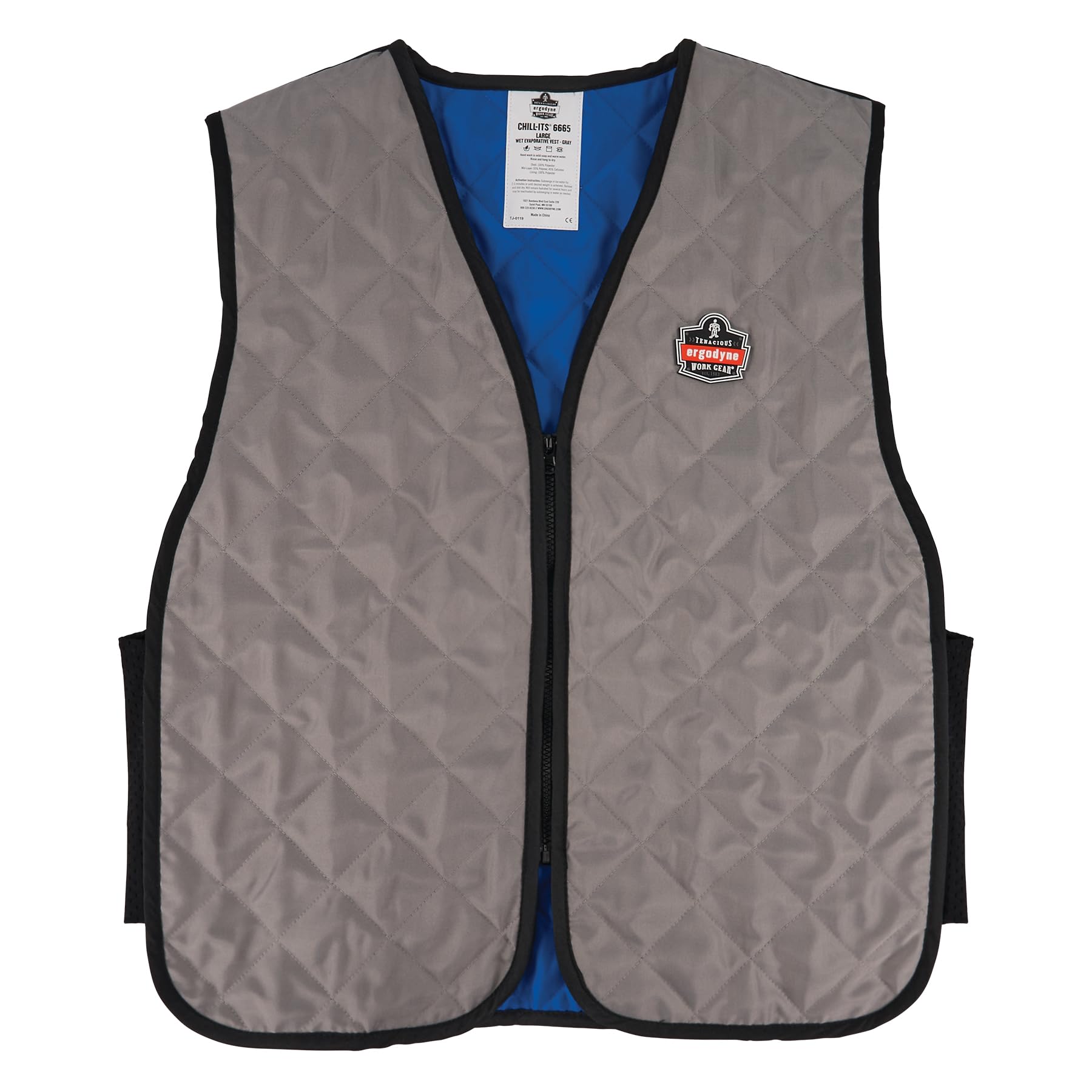 Ergodyne front view of gray cooling wrap showing secure zip closure and comfort