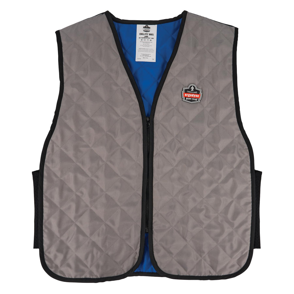 Ergodyne front view of gray cooling wrap showing secure zip closure and comfort