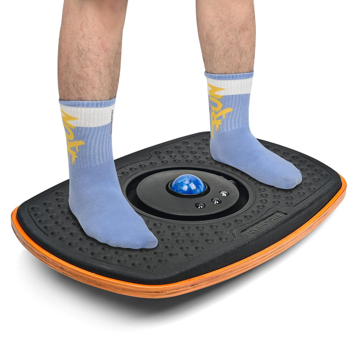 ergohead front view showing whole wooden balance board, improves standing comfort