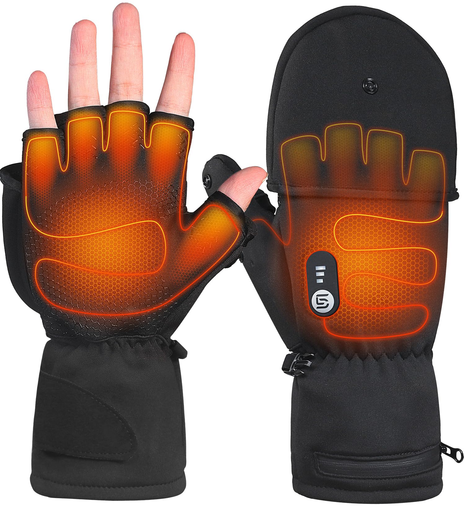 ES Tech front view of gloves showing controls and battery pocket for easy use