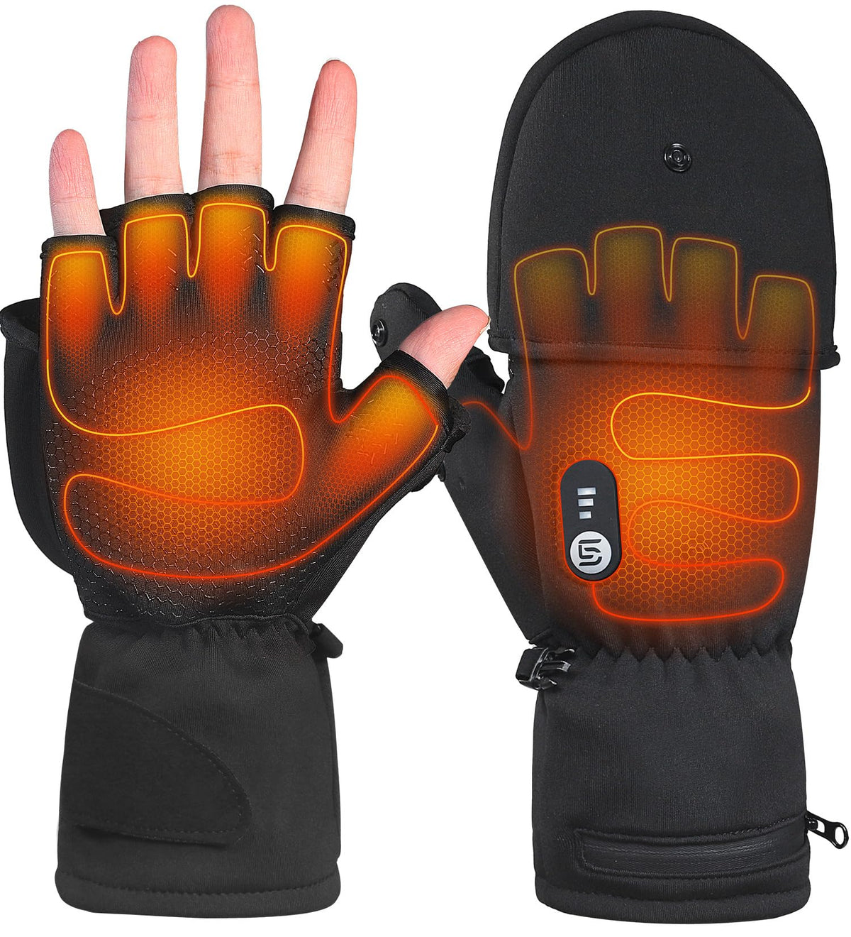 ES Tech front view of gloves showing controls and battery pocket for easy use