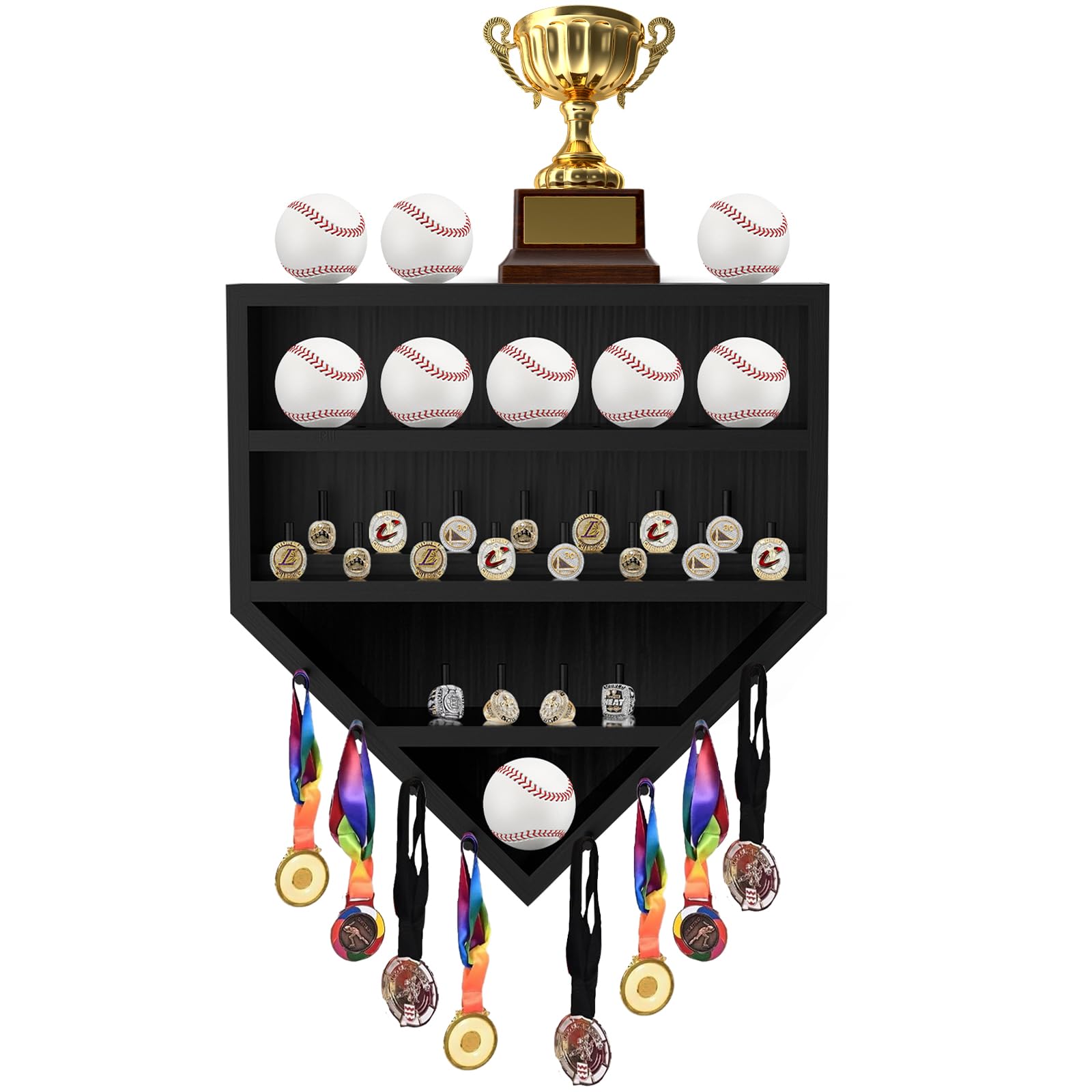 Eshwb front view baseball display showcasing balls and rings neatly