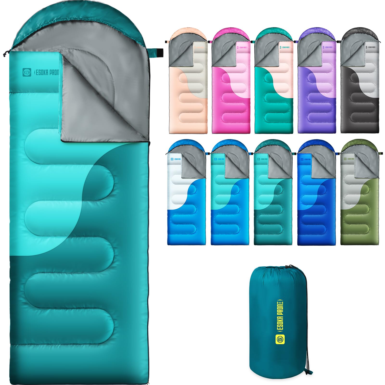 ESOKA PRON front view showing aquamarine sleeping bag and full length benefit warmth