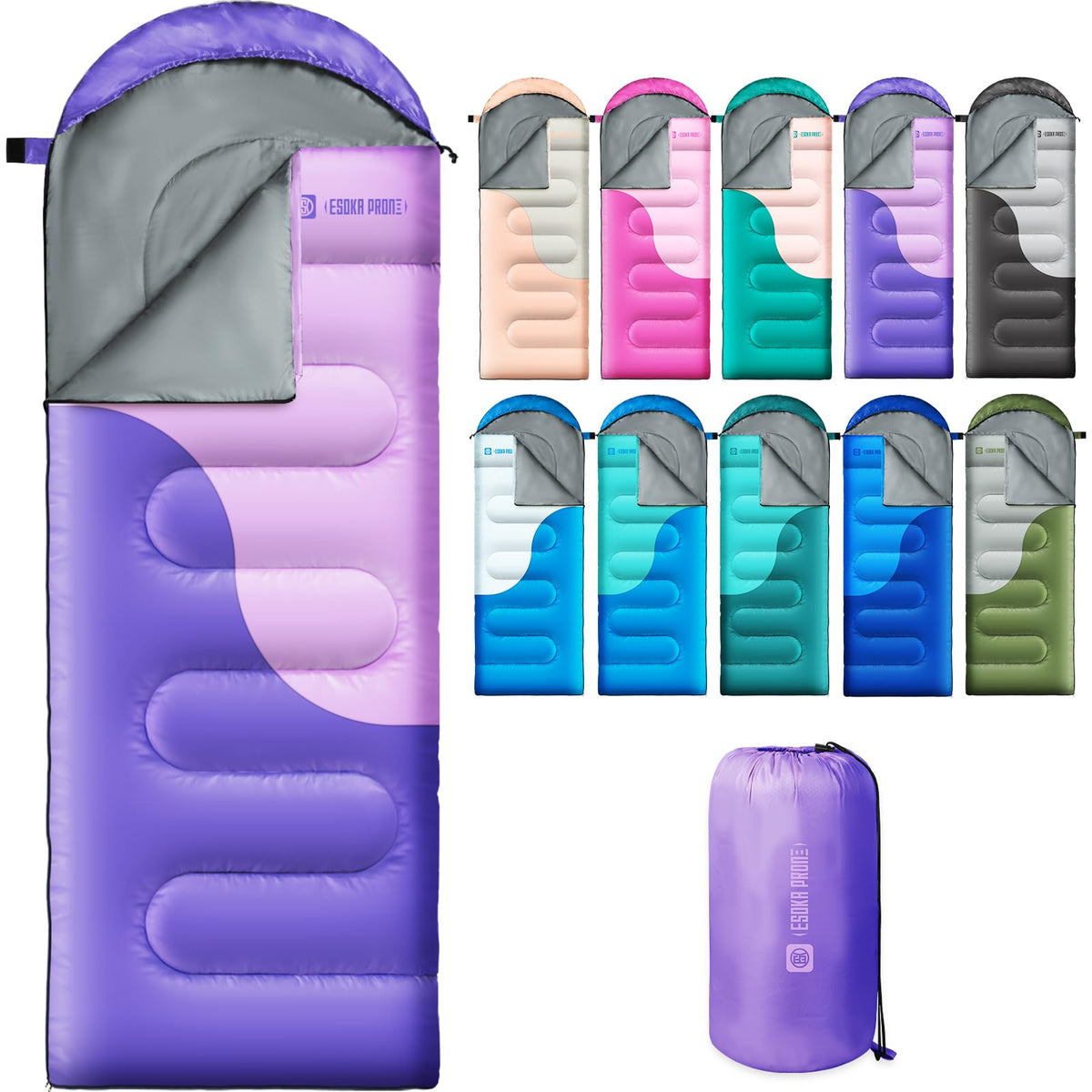 ESOKA PRON front view of palepurple sleeping bag showing full rectangular layout and comfort