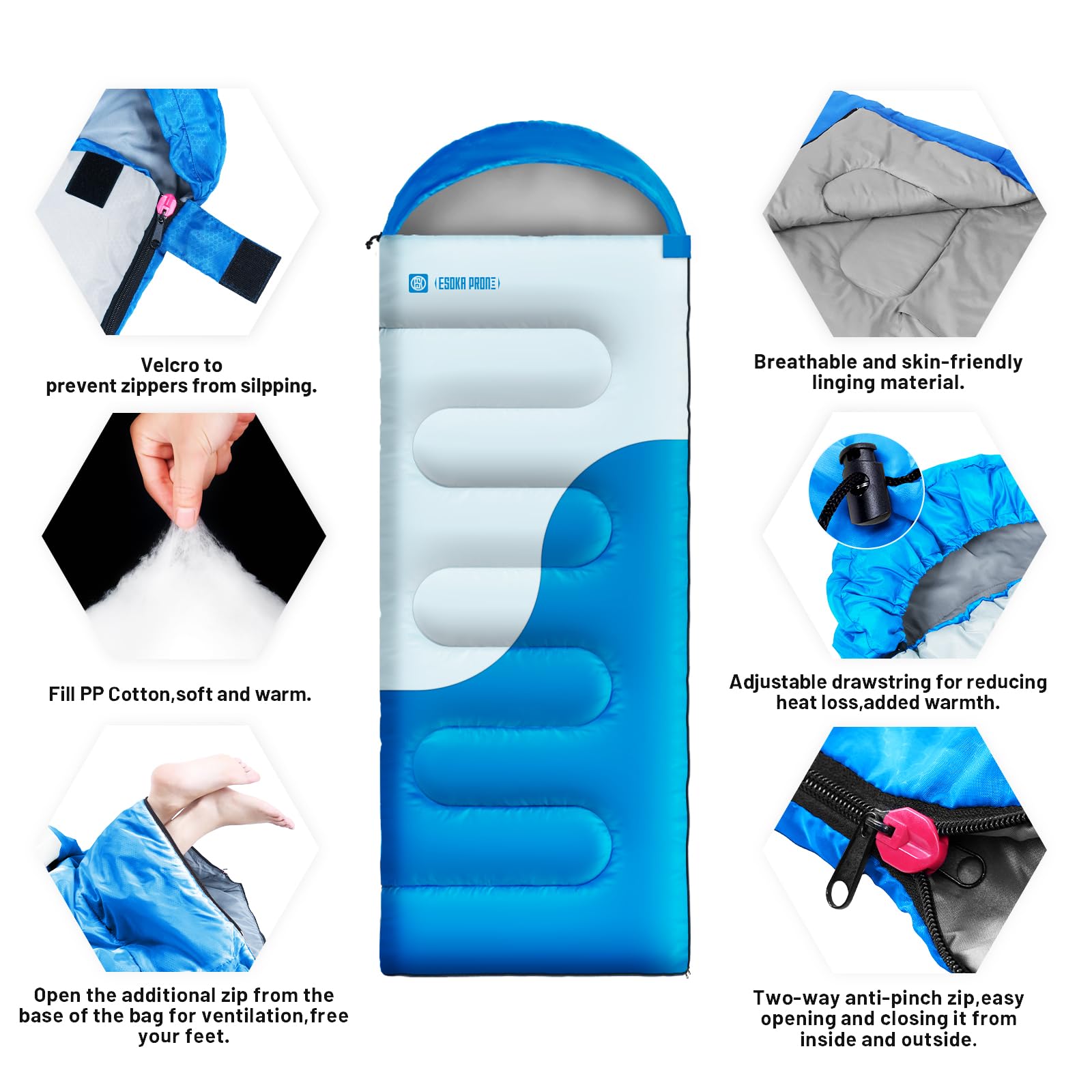 ESOKA PRON Sky anti-pinch two-way zipper detail for easy ventilation and safety