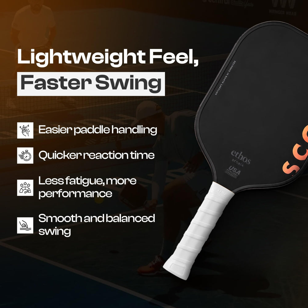 Ethos Pickleball contoured profile highlighting right-hand fit for consistent placement