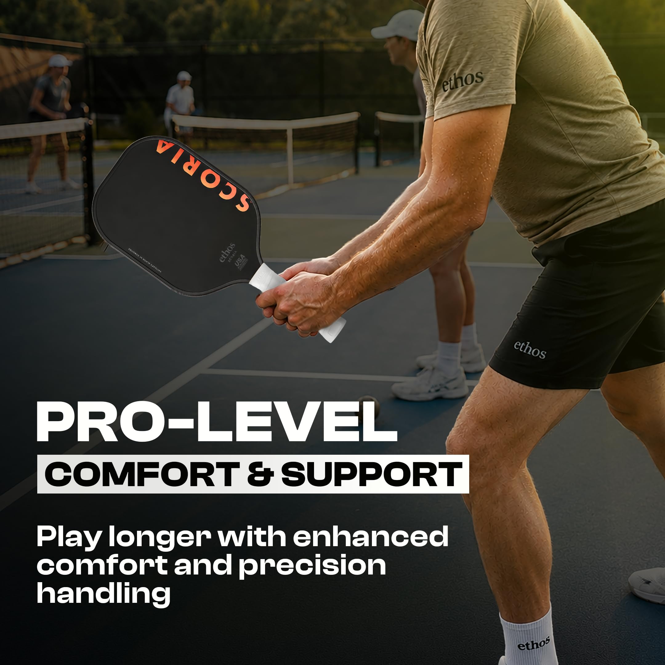 Ethos Pickleball grip next to ruler showing slim ultralight profile for faster swings