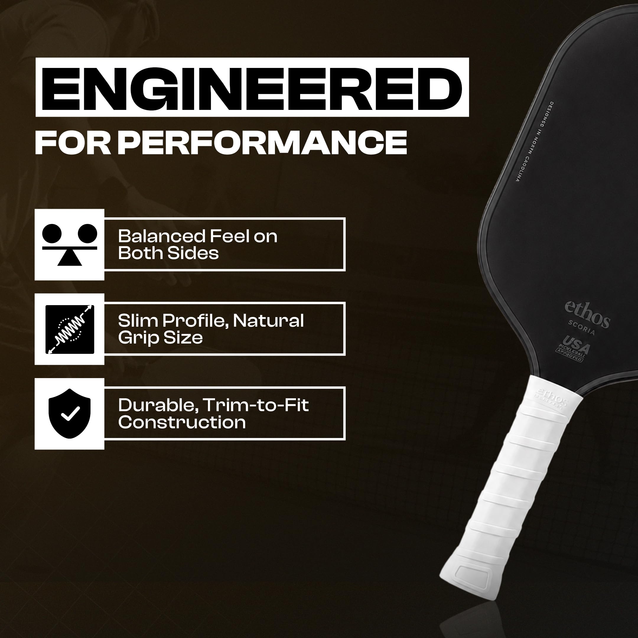 Ethos Pickleball grip vibration dampening diagram showing softer impact feedback benefit