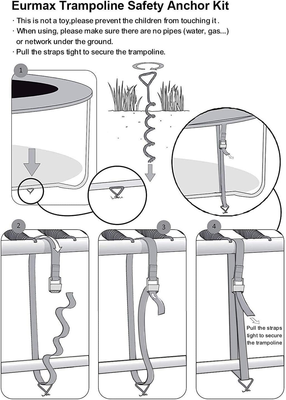 Eurmax reinforced safety straps wrapped around trampoline frame for stability