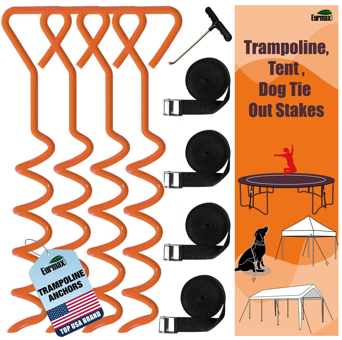 Eurmax front packaging showing 4-pack stake kit for durable anchoring