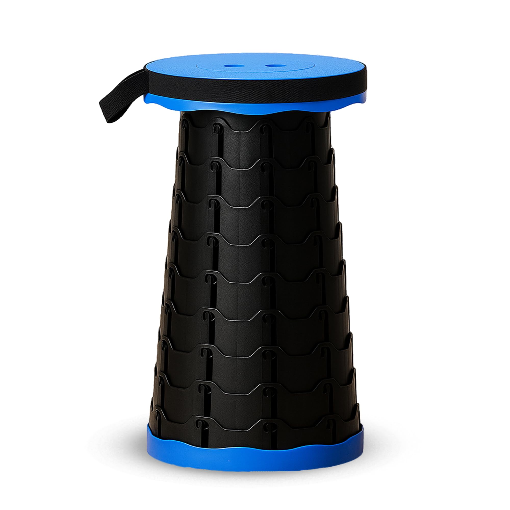 Ever Brightly front view showing blue black stool and benefits of portability